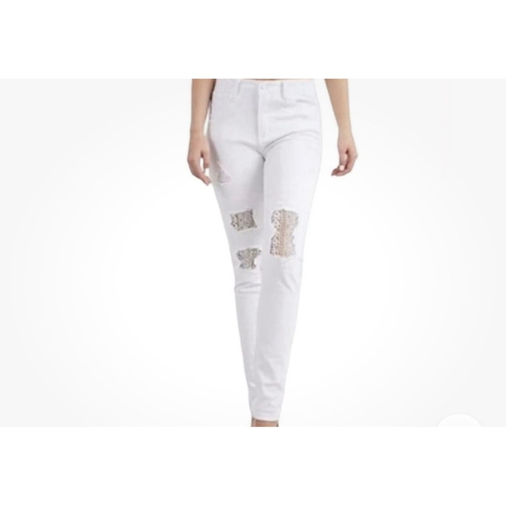 Judy Blue High Waist White‎ Skinny Distressed Lace Inset Jeans 5/27